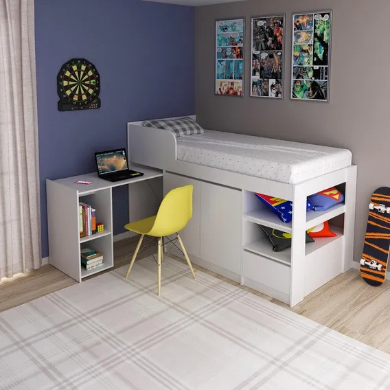 Cama Solteiro Com Escrivaninha Multim贸veis Vcr35067 Cor Branco Foto 1
