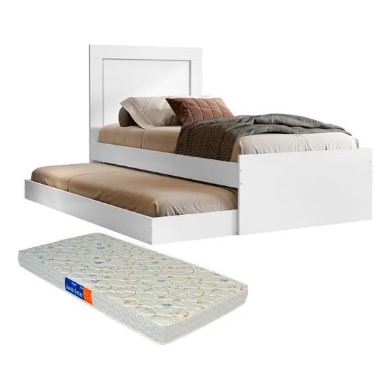 Cama Solteiro Luara Branco Com Colchão E Cama Auxiliar Foto 1