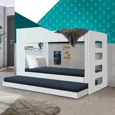 Cama Triliche Resistente Adulto Juvenil Madeira Treliche C/ Escada E Prateleira Branca Foto mini 1