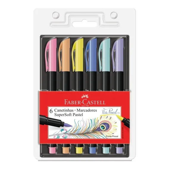 Canetinha Brush Pen Supersoft Pastel 6 Cores Faber Castell Foto 1