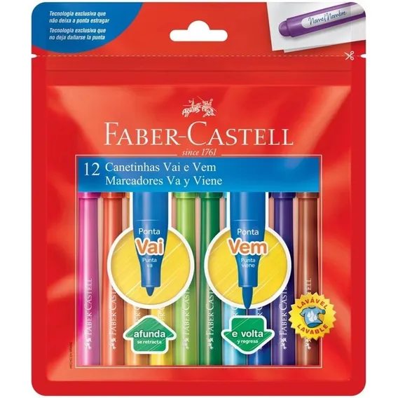 Canetinha Faber Castell 12 Cores Vai E Vem Hidrocor Lavável Foto 1
