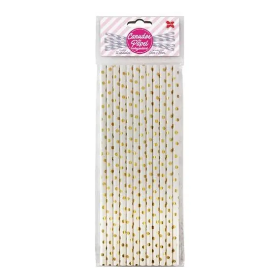 Canudo Papel Branco C/ Poá Dourado 6mmx200mm - 12 Unidades Foto 1