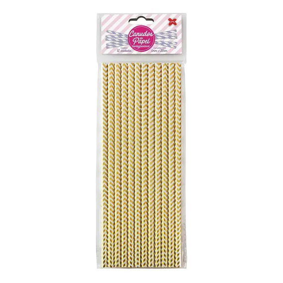 Canudo Papel Chevron Branco E Dourado 6mmx200mm 12 Unidades Foto 1