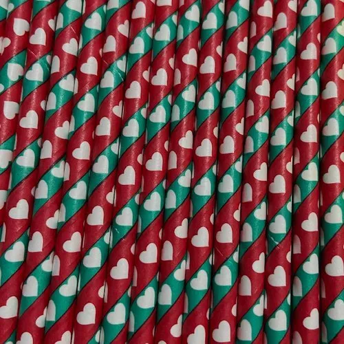 Canudo Papel Listrado Corações 6mmx200mm - 20 Unidades Foto 1