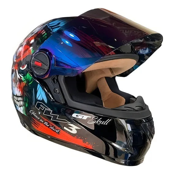 Capacete Moto Fw3 Caveira Viseira Cristal Fumê E Camaleão 56 Foto 1
