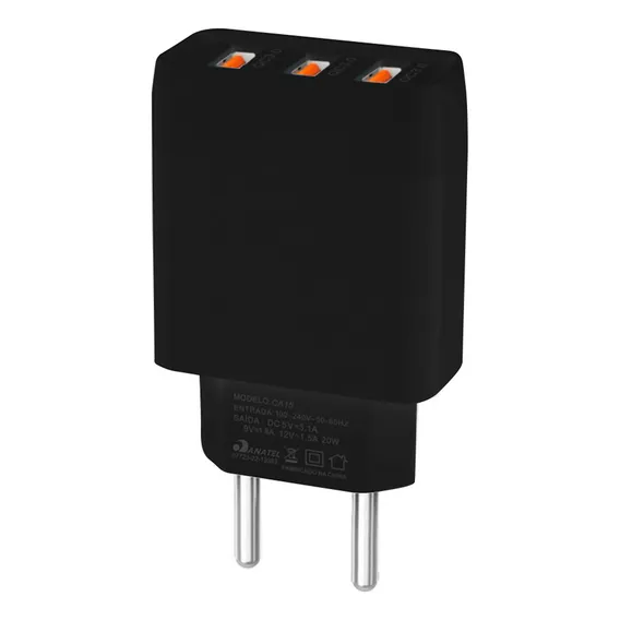 Carregador 3 Portas Usb Fonte Tomada Triplo Celular Preto Foto 1