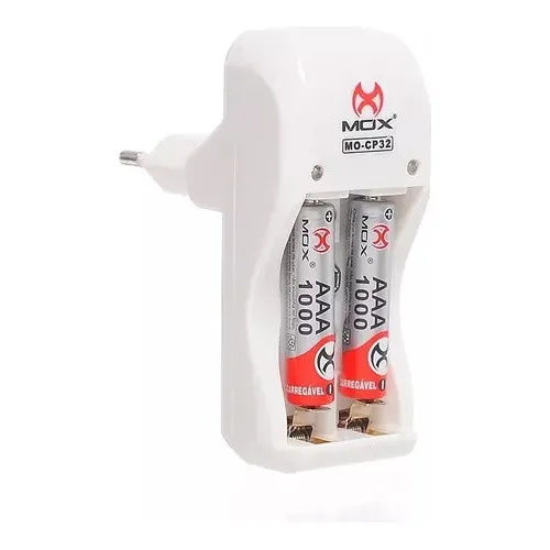 Carregador De Pilha + 2 Pilhas Aaa Recarregável 1000 Mah Mox Foto 1