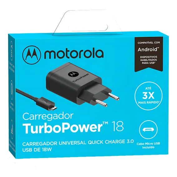 Carregador Turbo Power Motorola 18w Cabo Micro Usb Preto Foto 1