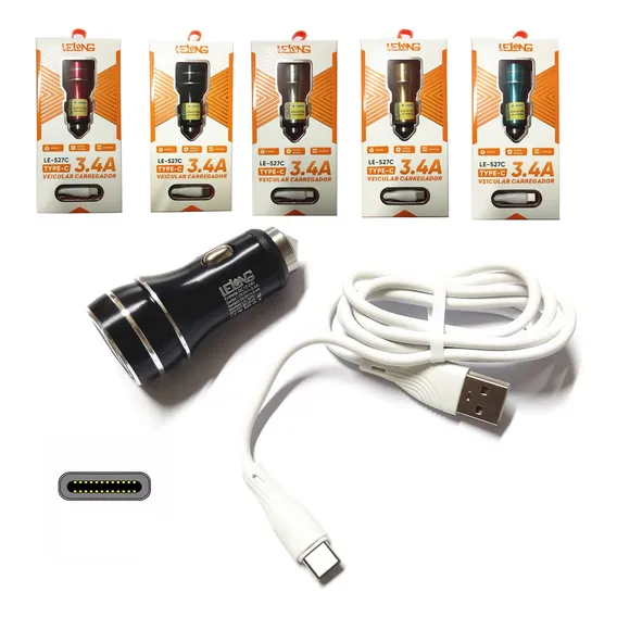 Carregador Veicular Rápido Automotivo 3.4a 2 Usb Cabo Tipo-c Cor Sortida Foto 1