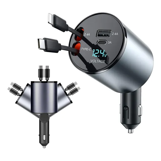 Carregador Veicular Turbo Cabo Retrátil Carregador Tipo C iPhone,tomada Usb Veicular Carregamento Super Rápido De Até 100 W Para iPhone Samsung Motorola Xiaomi Foto 1
