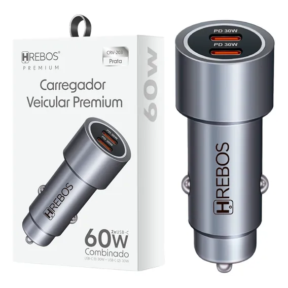 Carregador Veicular Turbo Carro Celular 2x Usb Tipo C 60w Foto 1