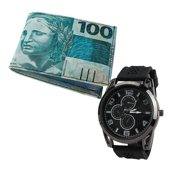Carteira Masculina Porta Documentos 100 Reais Slim + Rel贸gio Cor Azul Foto 1