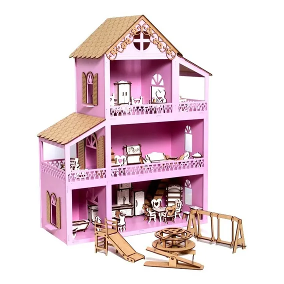 Casa Casinha De Boneca Polly Mdf + 36 M贸veis + Parquinho Cor Rosa Foto 1