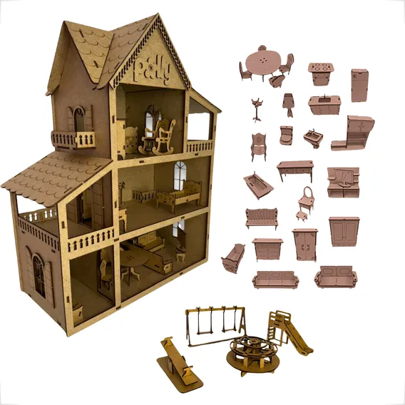 Casa de boneca infantil em mdf pintado + parquinho Grupo Paraiso Foto 1