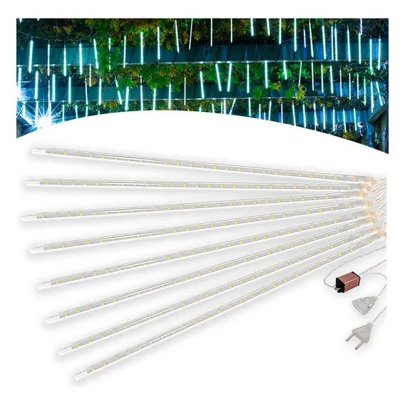 Cascata 8 Tubos LED Queda Pisca Pisca Chuva Gelo 50cm Luz Branco Foto 1