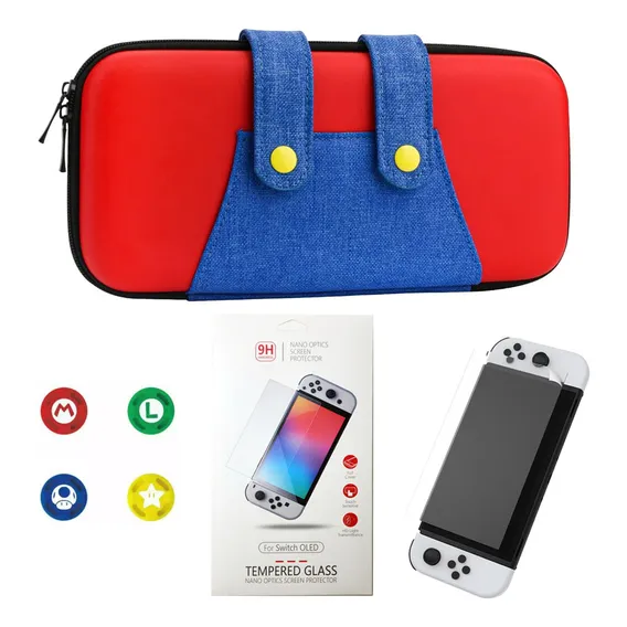 Case Nintendo Switch Oled Mario + 4 Grips + Película Vidro Foto 1
