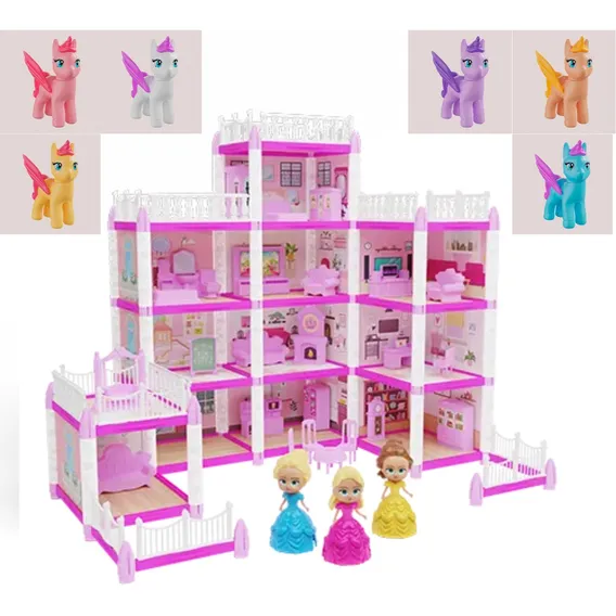 Castelo Casinha Boneca Princesa +3 Unic贸rnios Brinquedo Girl Cor Rosa/branco Foto 1