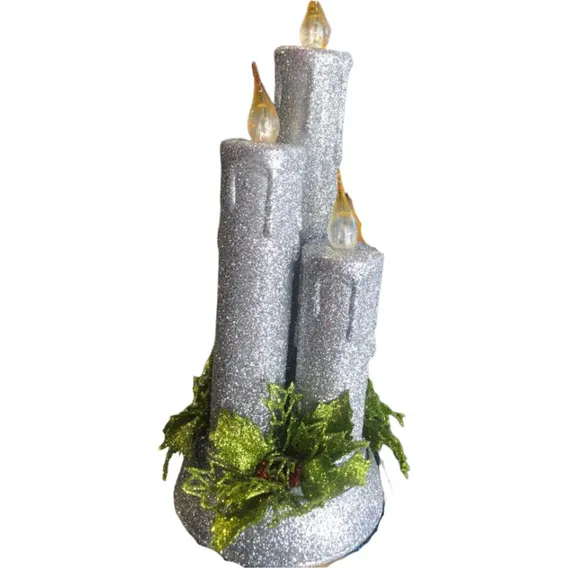 Castiçal Vela Tripla Led Decoração Natal Confraternização Cor Castiçal Vela Tripla Led Prata Foto 1