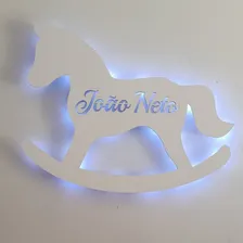 Cavalinho De Balanço Com Led Nome Personalizado Decoração Cor Branco Foto mini  3