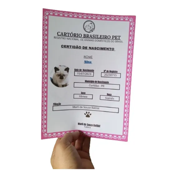 Certidão De Nascimento Pet Cão Gato Outros Animais Cartão Cor Rosa Pata Branca Foto 1
