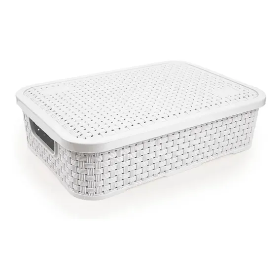 Cesto Rattan Baixo Com Tampa Médio Branco 4,5 Litros Foto 1