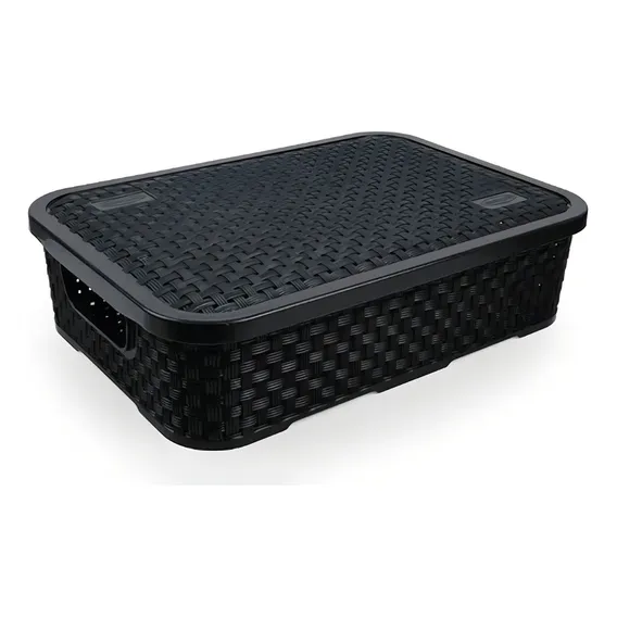 Cesto Rattan Baixo Com Tampa Médio Preto 4,5 Litros Foto 1