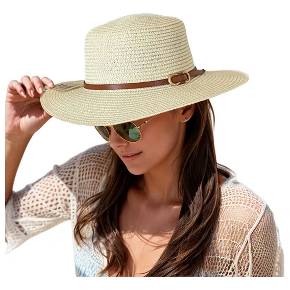 Chapeu De Palha Feminino Praia Verão Aba Larga Luxo Ref004 Cor Bege Foto 1