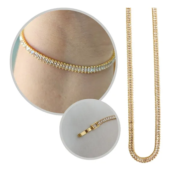Choker Colar Baguete Riviera Zirc么nia Banhado Ouro 18k R贸dio Cor Dourado Foto 1