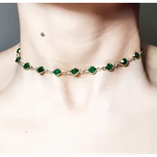 Choker Pedra Verde Folheado A Ouro 18k Cor Dourado Foto  mini 1