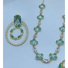 Choker Pedraria C/maxibrinco E Anel Semijoia Banhado Ouro Cor Verde-claro Foto mini 3