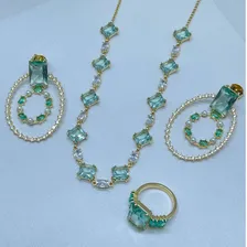 Choker Pedraria C/maxibrinco E Anel Semijoia Banhado Ouro Cor Verde-claro Foto mini 2