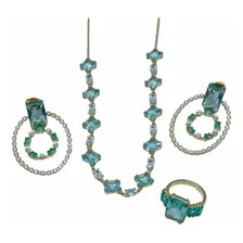 Choker Pedraria C/maxibrinco E Anel Semijoia Banhado Ouro Cor Verde-claro Foto mini 1