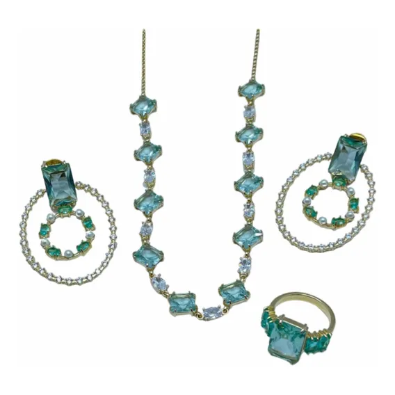 Choker Pedraria C/maxibrinco E Anel Semijoia Banhado Ouro Cor Verde-claro Foto 1