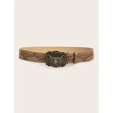 Cinto Couro Country Fivela Crânio Touro Horn Rodeio Unissex Desenho Do Tecido Long Horn Tamanho 115 Cm Foto mini  3