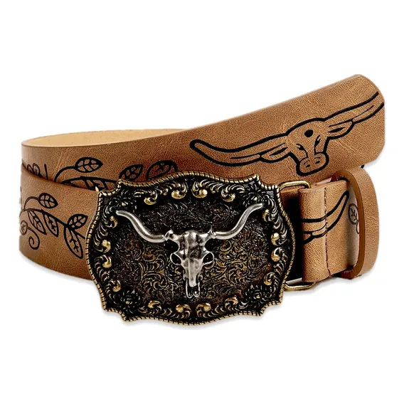 Cinto Couro Country Fivela Crânio Touro Horn Rodeio Unissex Desenho Do Tecido Long Horn Tamanho 115 Cm Foto 1