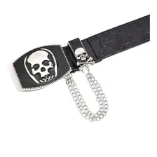 Cinto Couro Sintético Preto Fivela Caveira Rock Luxo Fashion Tamanho 120 Cm Foto mini 3