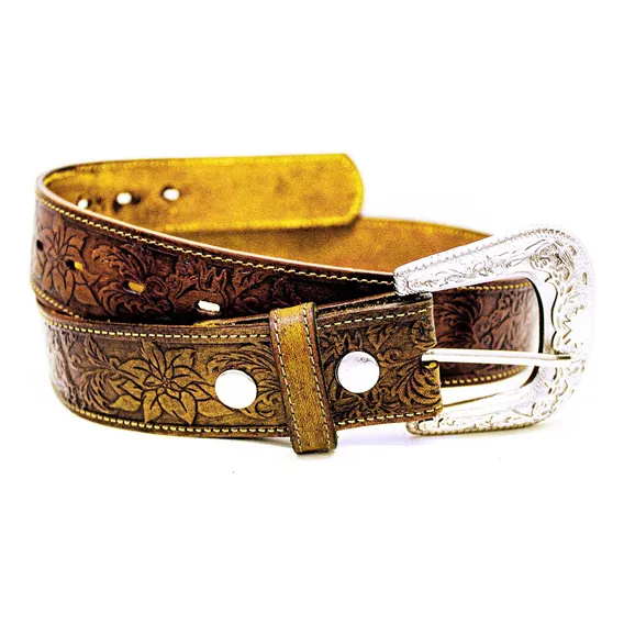 Cinto Masculino Country Cowboy Couro Entalhe Especial Cor Palha Desenho Do Tecido Cavalo Tamanho 85 Foto 1