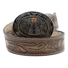 Cinto Masculino Fivela Nossa Senhora Aparecida Cinto Country Cor Marrom Desenho Do Tecido Gravado Tamanho 90cm Foto  mini 1