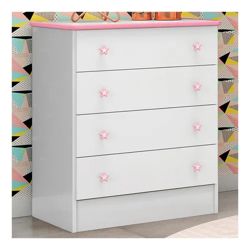 C么moda Infantil Doce Sonho 4 Gavetas Rosa/branco - Qmovi Foto 1