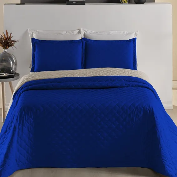 Cobre Leito King 3 Pçs Microfibra - Colcha Dupla Face Cor Azul Foto 1