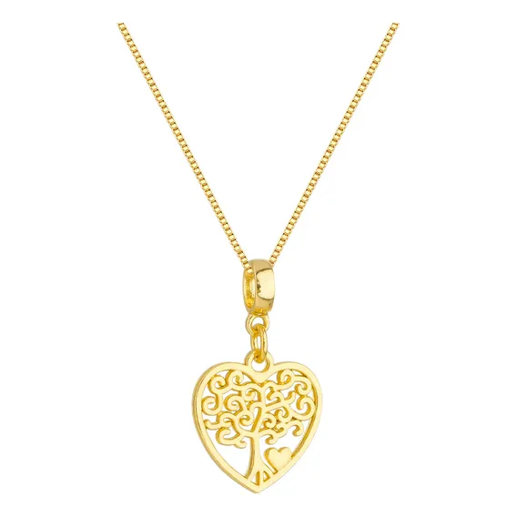 Colar Árvore Da Vida Coração Banhado A Ouro 18k Premium Foto 1