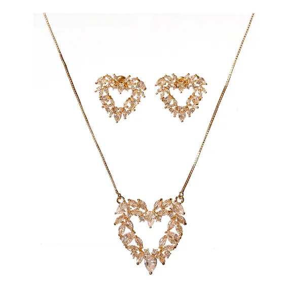 Colar Brinco Conjunto Cristal Coração Delicado Strass Foto 1
