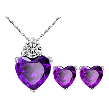 Colar + Brincos Banho Ouro 18k Cristal Roxo Ametista C1421 Cor Prateado Foto  mini 1