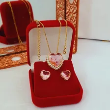 Colar Brincos De Pedra E Zircônia Cristal Coração Folheado Cor Dourado Foto mini  2