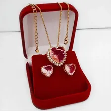 Colar Brincos De Pedra E Zircônia Cristal Coração Folheado Cor Dourado Foto  mini 1
