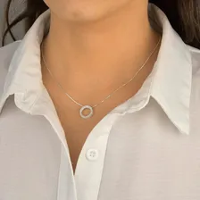 Colar C Pingente Circulo Cravejado Pedras Zirconia Prata 925 Foto mini 2
