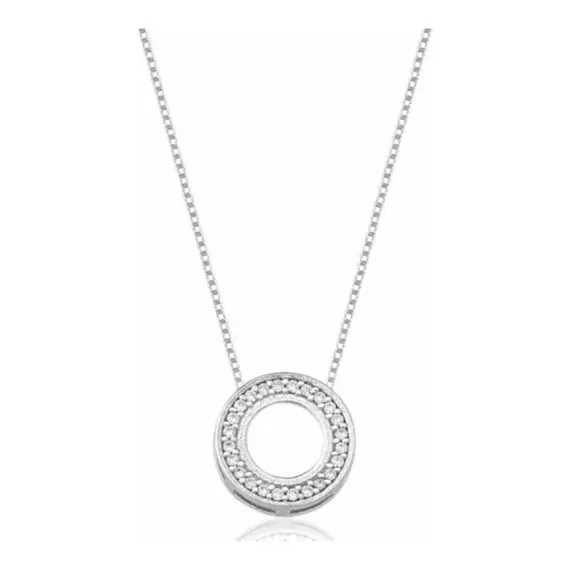Colar C Pingente Circulo Cravejado Pedras Zirconia Prata 925 Foto 1