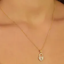 Colar Cadeado Cravejado Com Zircônia Folheado A Ouro 18k Foto mini  2