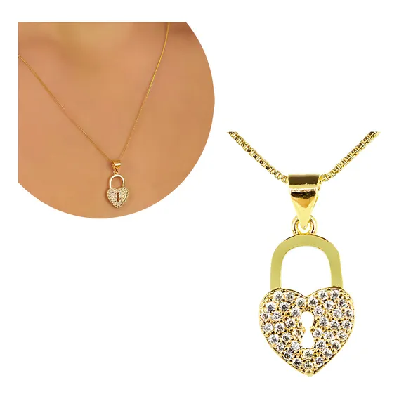 Colar Cadeado Cravejado Com Zircônia Folheado A Ouro 18k Foto 1