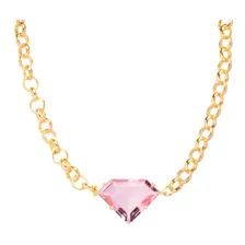 Colar Choker Corrente Elo E Pingente Pedra Rosa Folheado Cor Dourado Foto mini 1